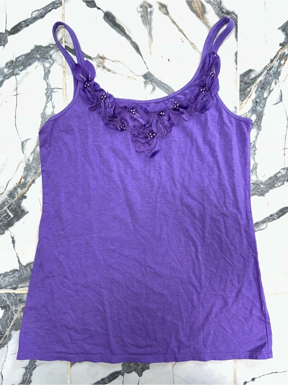 New York & Company Purple Floral-Embellished Camisole Tank Size M